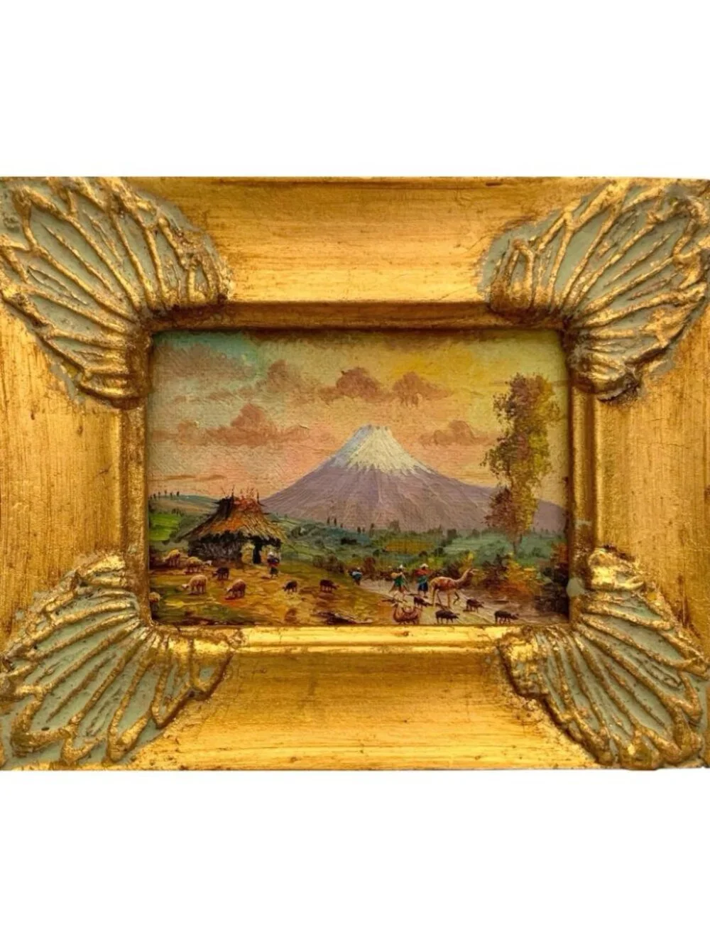 Volcano Painting Peruvian Landscape Original Mini Oil on Board Vintage Folk Art
